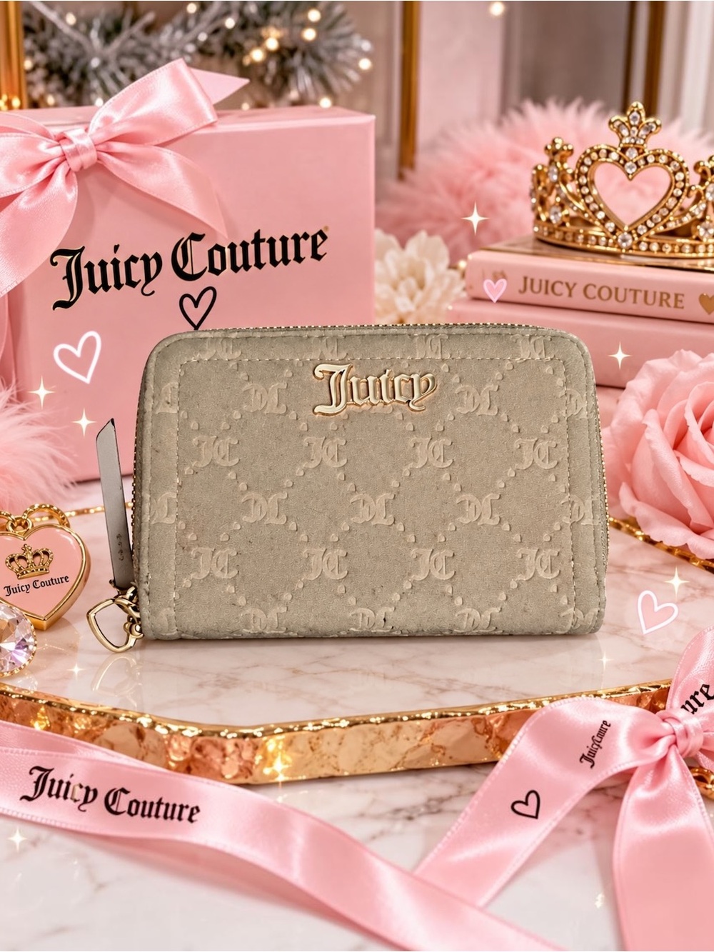 Juicy Couture Taupe Embossed Logo Zip Wallet